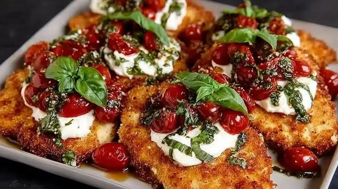 Crispy Parmesan-Basil Chicken Cutlets for a Quick Easy Dinner 1 Crispy Parmesan-Basil Chicken Cutlets served with a fresh garnish