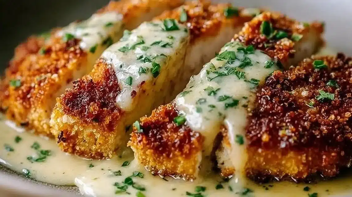 Crispy Parmesan Chicken with Creamy Garlic Sauce 1 Crispy Parmesan Chicken topped with creamy garlic sauce on a plate