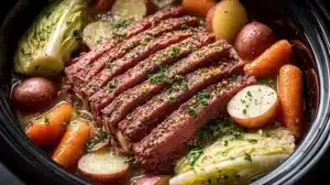 Crockpot corned beef and cabbage served on a plate with vegetables