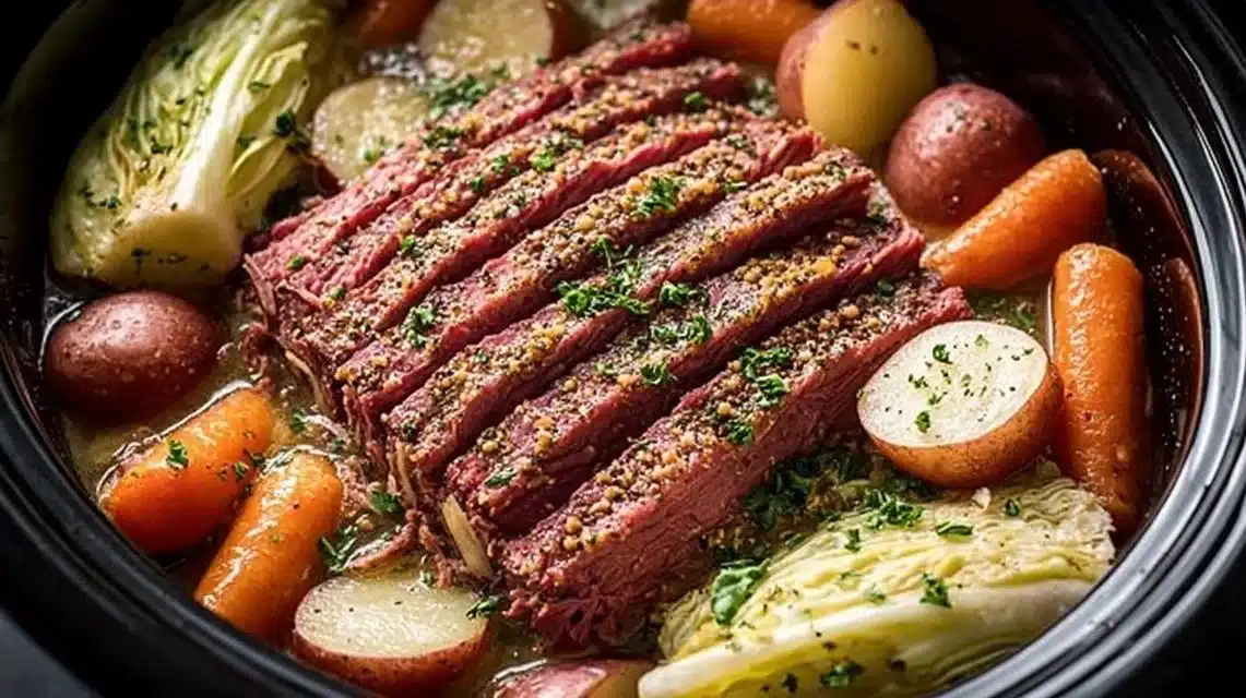 Crockpot corned beef and cabbage served on a plate with vegetables