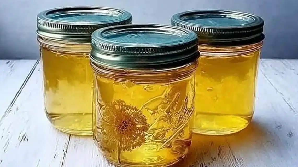 Homemade dandelion jelly in a jar with floral accents