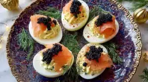 Devilled Eggs Royale garnished with herbs, showcasing a gourmet twist on a classic dish.