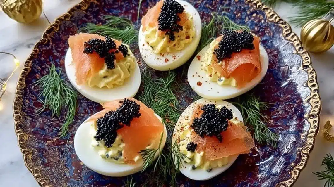 Devilled Eggs Royale garnished with herbs, showcasing a gourmet twist on a classic dish.