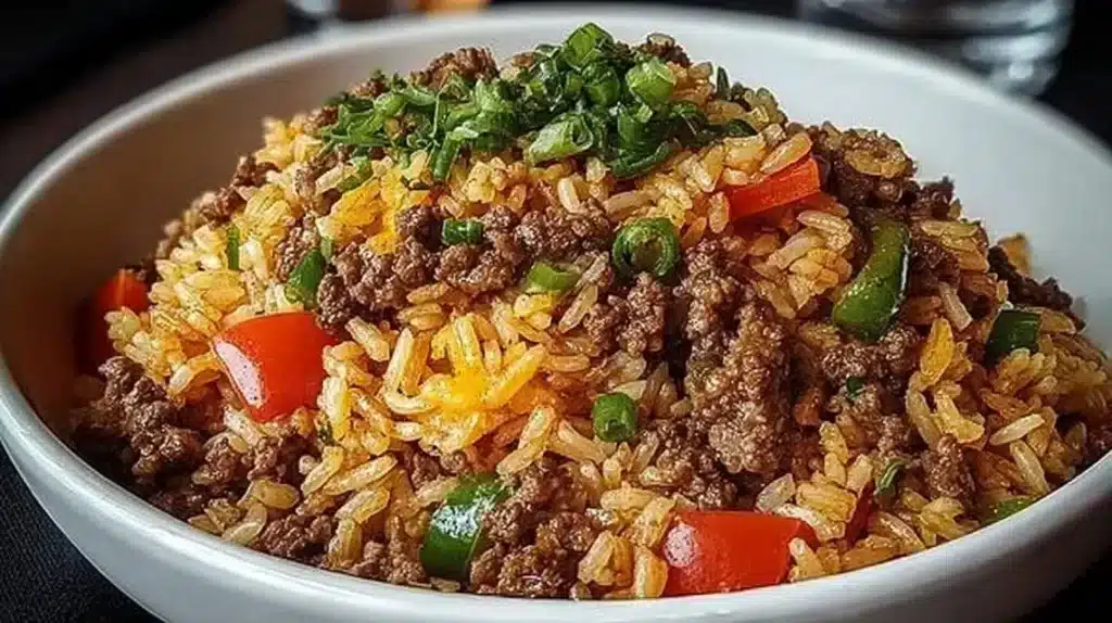 Delicious dirty rice with ground beef served in a bowl