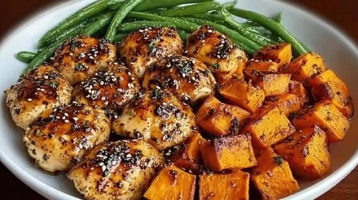 Delicious honey garlic chicken served with sweet potatoes for a quick dinner