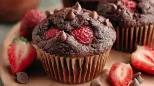 Fresh Strawberry Double Chocolate Muffins Easy to Make Freshly baked double chocolate strawberry muffins with strawberries on top