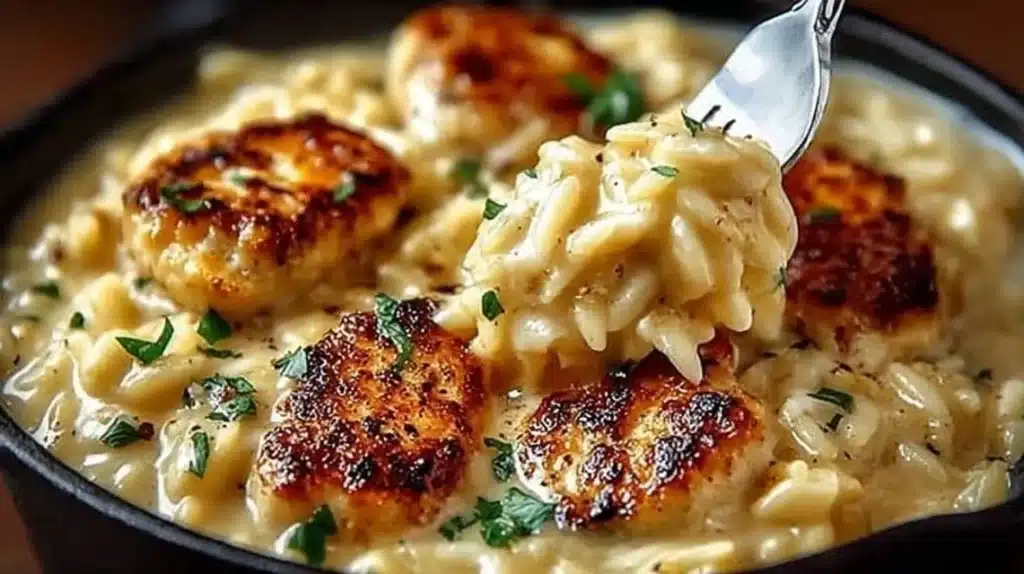 Creamy Marry Me Chicken Orzo garnished with herbs in a white bowl