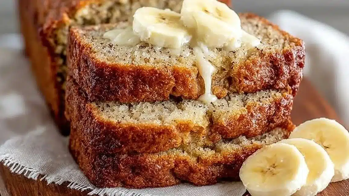 Slice of easy moist banana bread with nuts on a wooden cutting board