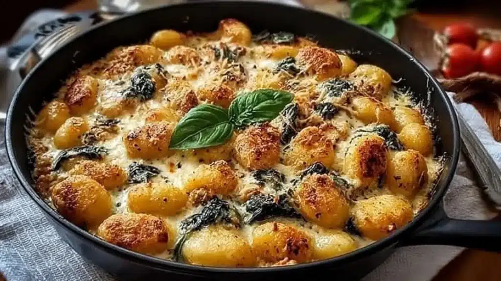 Garlic Chicken Gnocchi Skillet with vibrant vegetables and herbs