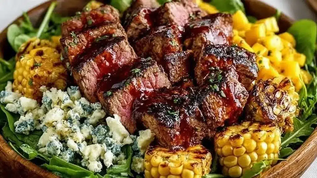 Grilled Balsamic Steak Salad with fresh greens and juicy steak slices