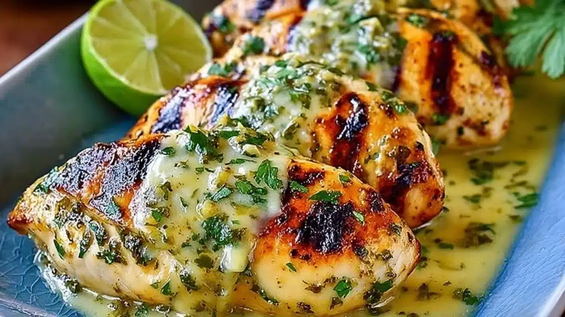 Grilled Salsa Verde Chicken topped with Pepper Jack cheese