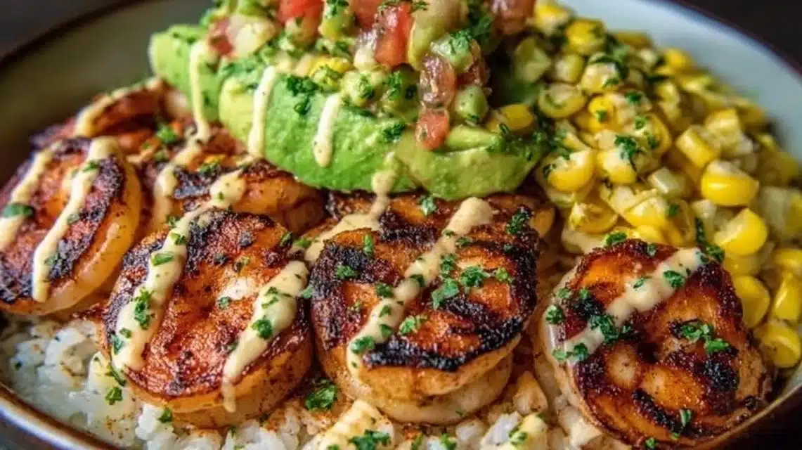 Delicious grilled shrimp bowl topped with fresh avocado corn salsa