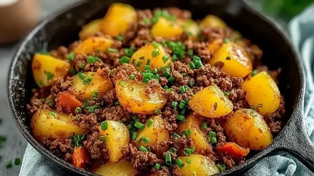Delicious dish of ground beef and potatoes served in a bowl.