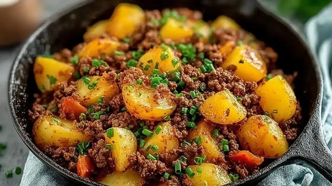 Delicious dish of ground beef and potatoes served in a bowl.