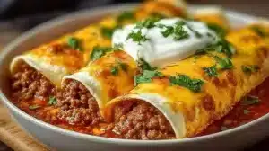 Delicious ground beef enchiladas with cheese and sauce