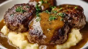 Juicy Hamburger Steak served with gravy and side dishes