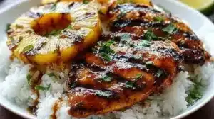 Delicious Hawaiian Chicken with pineapple and coconut rice on a plate