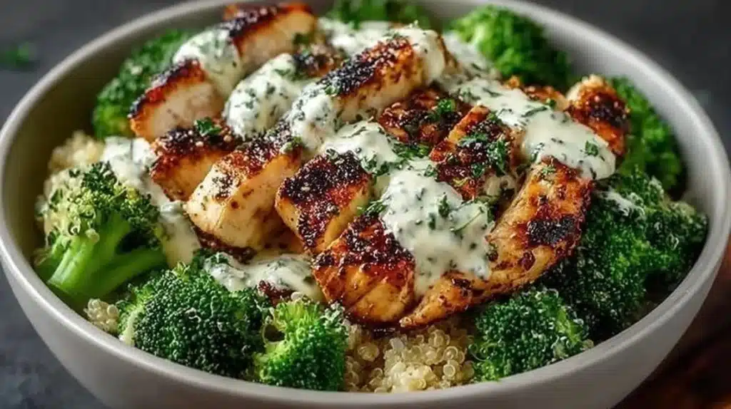 Healthy grilled chicken broccoli bowl with creamy garlic sauce