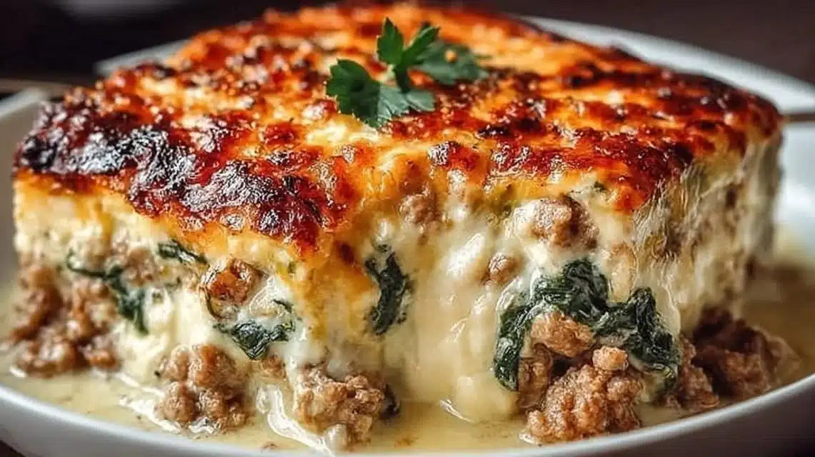 High Protein Ground Turkey Casserole (Easy, Cheesy, Family-Favorite) 1 High Protein Ground Turkey Casserole topped with cheese served in a baking dish
