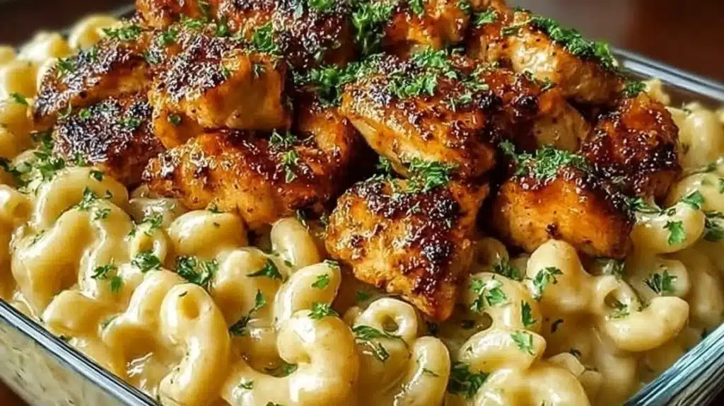 High Protein Honey Garlic Chicken Mac & Cheese dish served in a bowl.