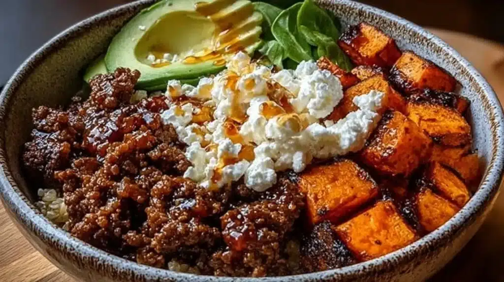 High Protein Hot Honey Beef Bowl garnished with fresh ingredients in a vibrant dish.