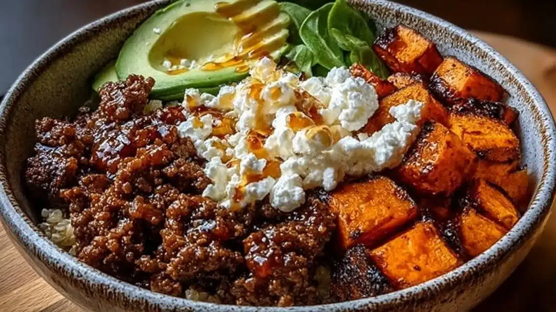 High Protein Hot Honey Beef Bowl garnished with fresh ingredients in a vibrant dish.