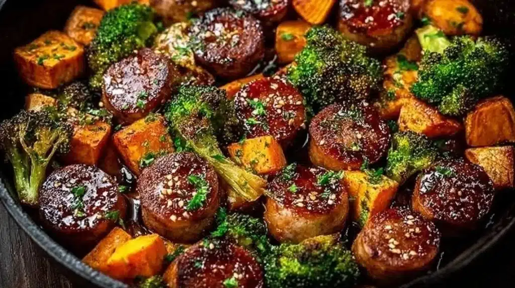 Honey garlic sausage and sweet potatoes on a sheet pan dinner