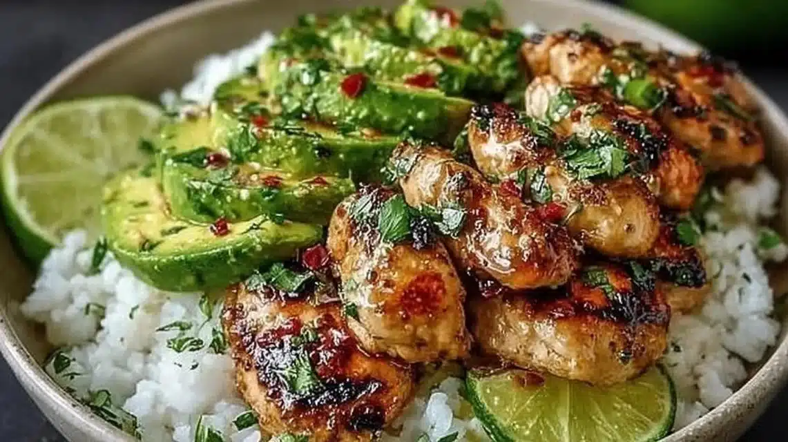 Honey lime chicken with avocado, showcasing a vibrant and refreshing dish.