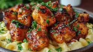 Delicious Honey Pepper Chicken served with creamy mac and cheese