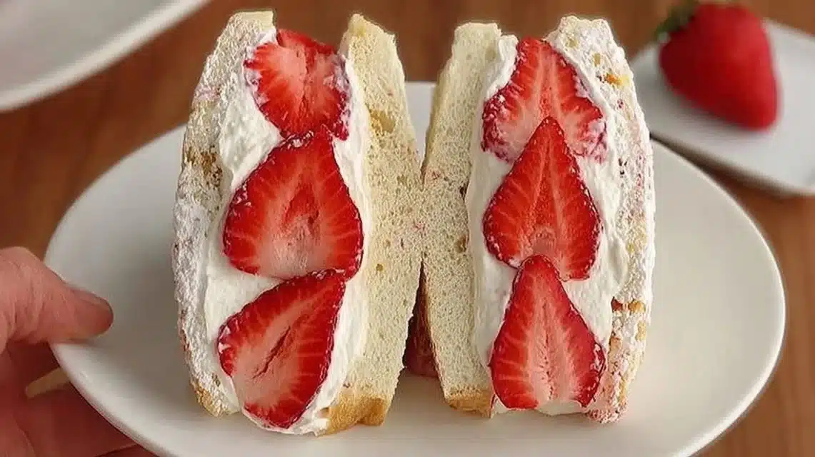 Easy Japanese Strawberry Sandwich Recipe 1 Delicious Japanese strawberry sandwich featuring fresh strawberries and cream.