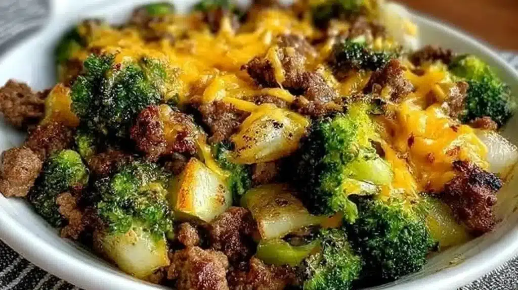 Keto Hamburger Broccoli Skillet served in a skillet with broccoli and seasonings