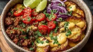 Loaded Fiesta Potato Bowls with cheese and toppings for a delicious dinner