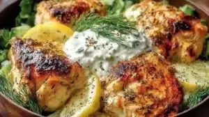 Mediterranean lemon-dill chicken bowl with fresh vegetables and herbs