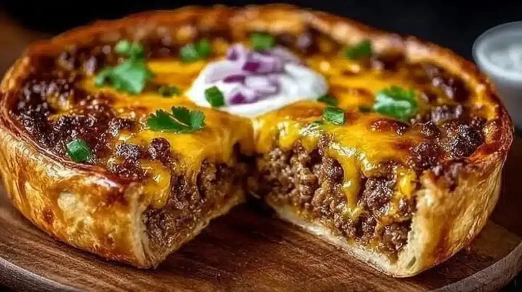 One-Pan Cheeseburger Pie Dinner served with fresh ingredients and toppings.