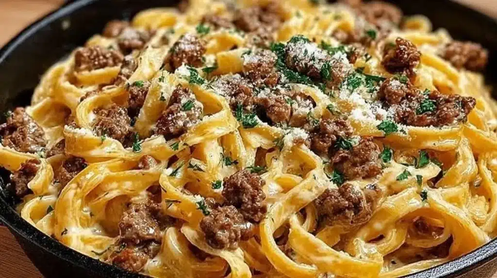 One-Pot Creamy Beef and Garlic Butter Pasta dish served in a bowl