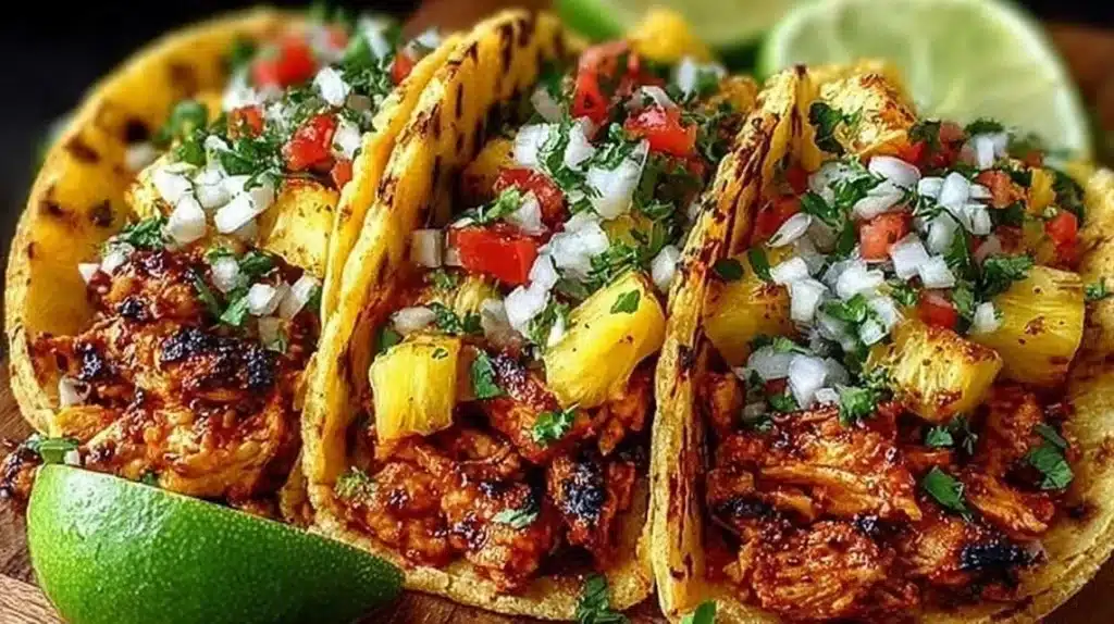 Delicious Pineapple Chicken Tacos served with fresh toppings.