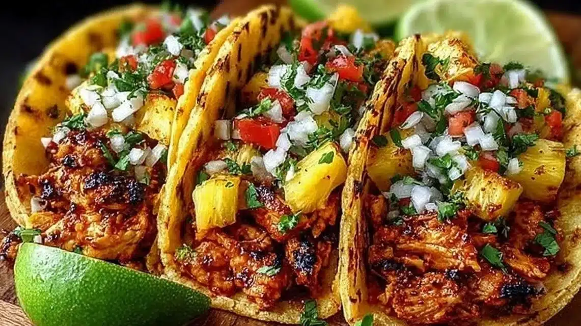 Juicy Pineapple Chicken Tacos with Simple Salsa 1 Delicious Pineapple Chicken Tacos served with fresh toppings.