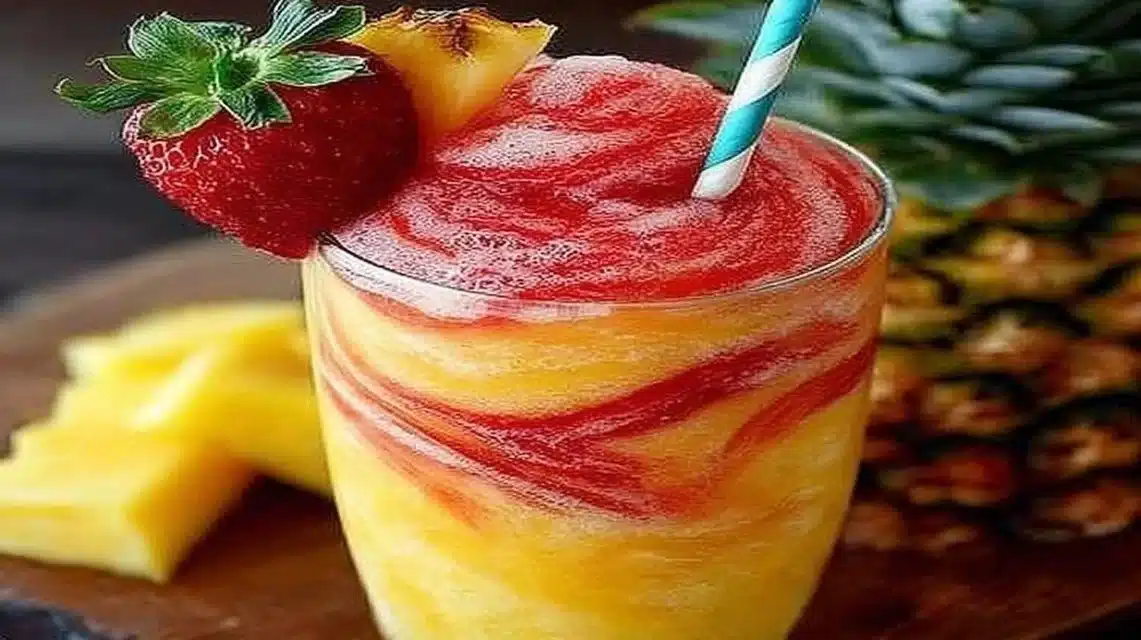 Refreshing Pineapple Strawberry Swirled Slushie in a glass