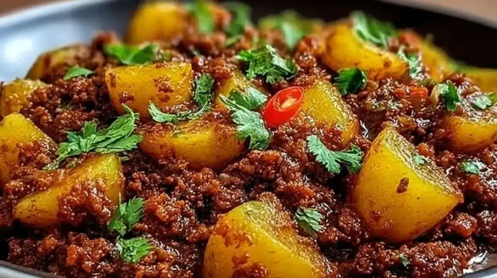 A bowl of savory potato mince ready to be served as a hearty meal