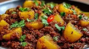A bowl of savory potato mince ready to be served as a hearty meal