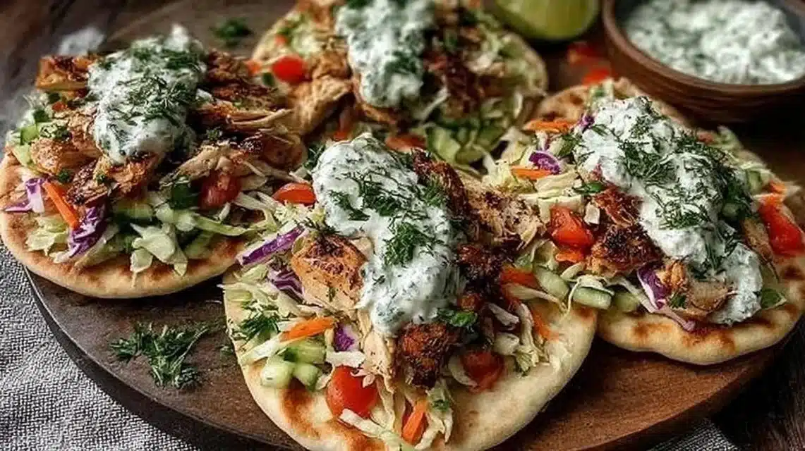 Sheet Pan Chicken Pitas with Crunchy Fresh Herb Slaw 1 Sheet pan chicken pitas with fresh herb ranch slaw served on a plate