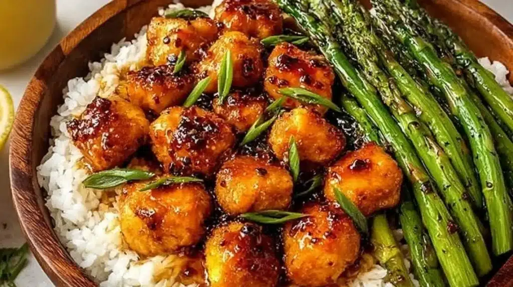 Simple honey mustard chicken served with fresh asparagus on a plate