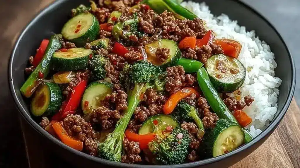 Spicy ground beef stir-fry bowl with garlic vegetables and colorful ingredients