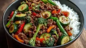 Spicy ground beef stir-fry bowl with garlic vegetables and colorful ingredients