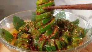 Spiral Cucumber Salad Korean Inspired Easy Side Dish Spiral cucumber salad with Korean flavors in a bowl