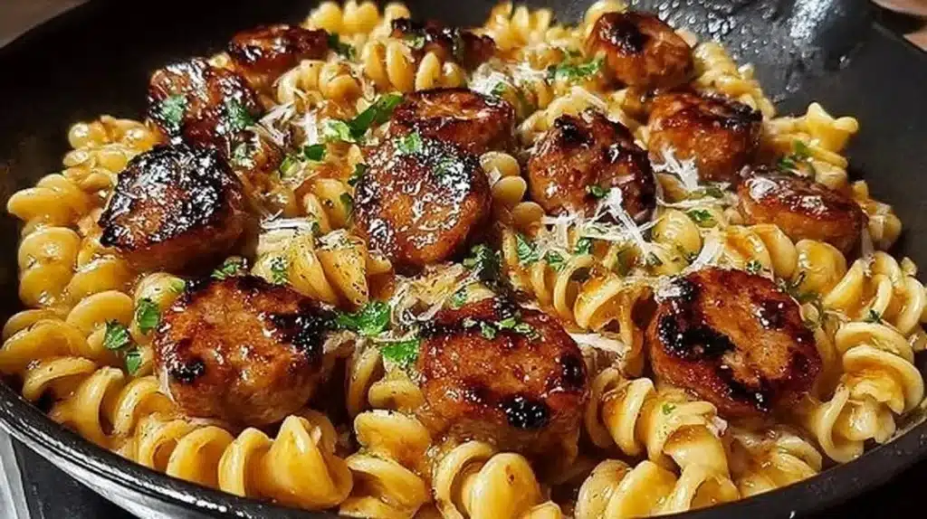 Sticky honey garlic sausage pasta skillet with fresh ingredients