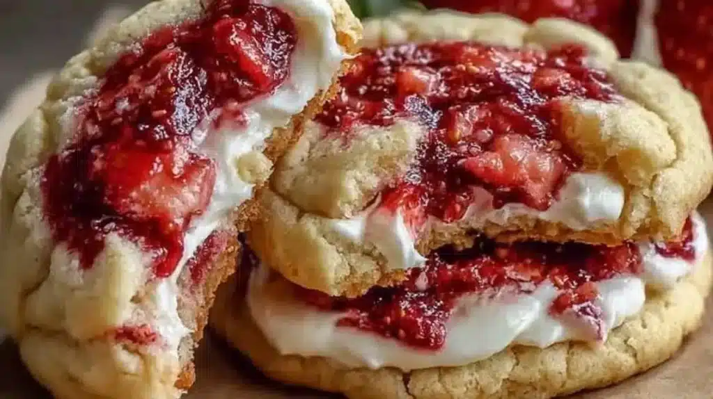 Delicious strawberry cheesecake cookies topped with fresh strawberries
