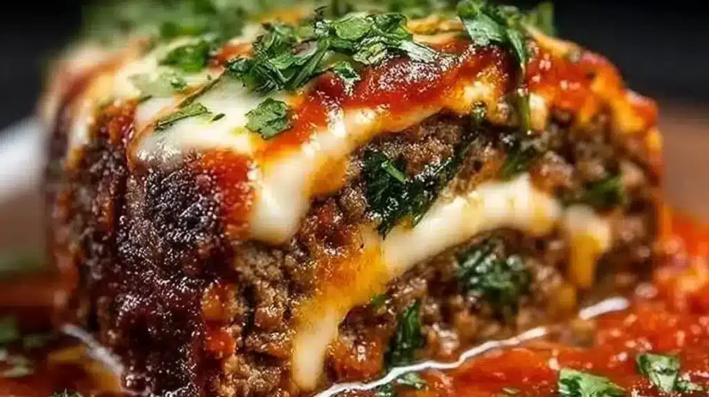 Deliciously stuffed Italian meatloaf garnished with herbs and served on a plate