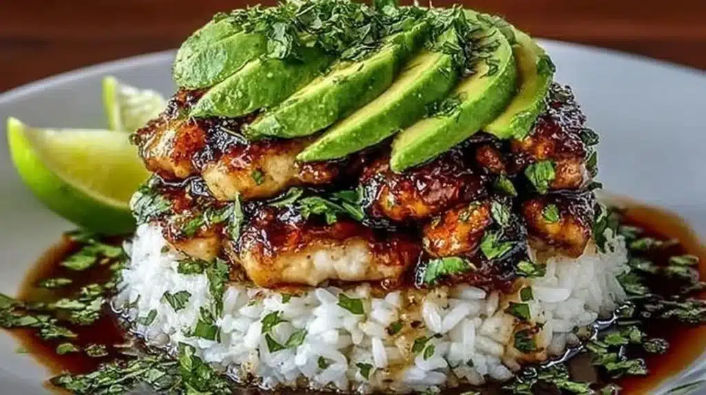 Tangy Honey Lime Chicken served with avocado rice stack