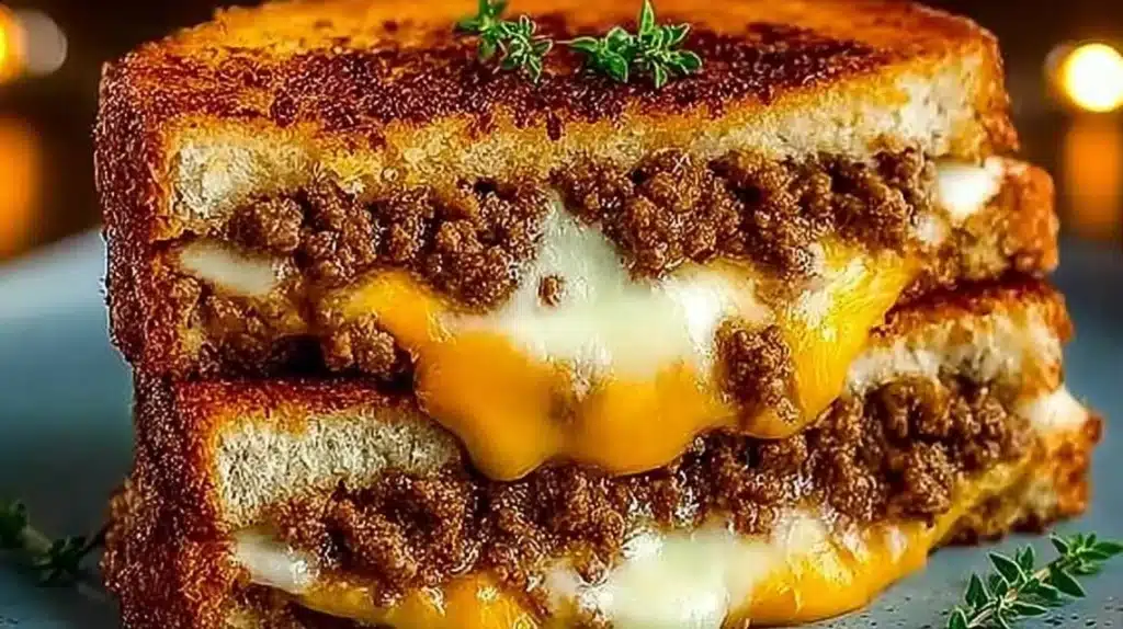Cheesy ground beef melt served on a plate with toppings